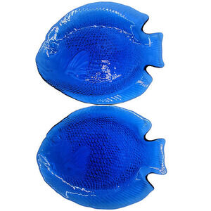 Arcoroc France Blue‎ Glass Poisson Fish Shape Two Plates